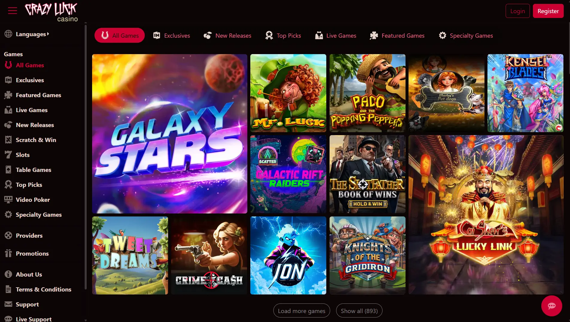 Crazy Luck Casino startsida med Galaxy Stars slot och populära online casinospel
