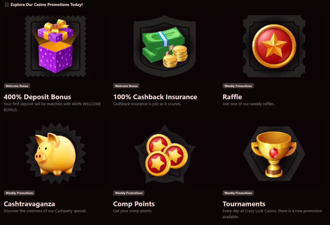 Promotionssida för Crazy Luck Casino med 400% insättningsbonus, cashback och veckoturneringar